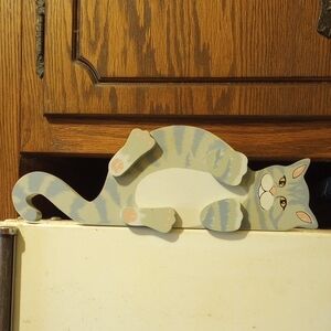 Gray & White Cat Shelf Sitter Decor w/ Yellow Eyes & Pink Nose